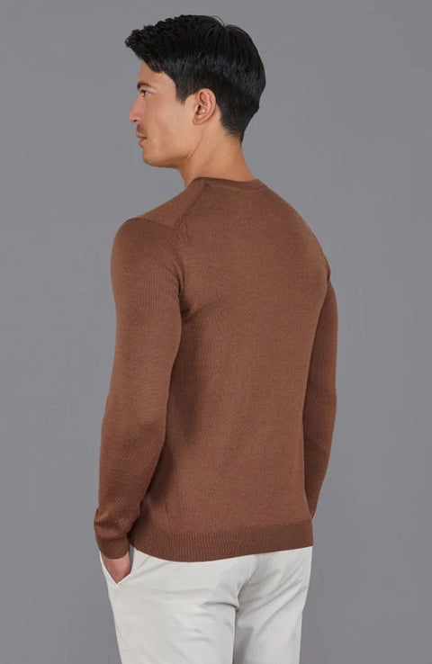 Mens Extra Fine Merino Wool Crew Neck Jumper Oak Brown