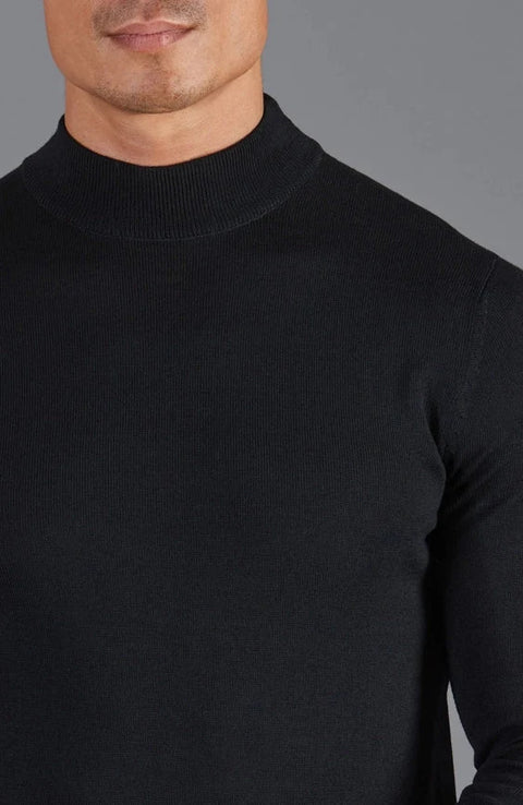 Mens Extra Fine Merino Wool Mock Turtleneck Jumper Black