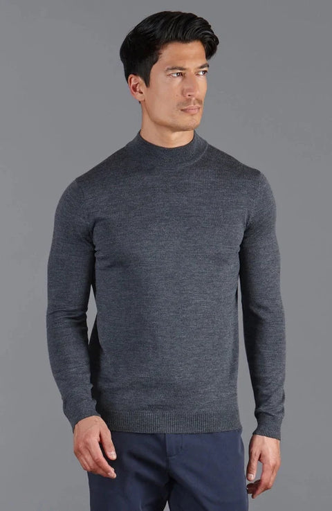 Mens Extra Fine Merino Wool Mock Turtleneck Jumper Charcoal