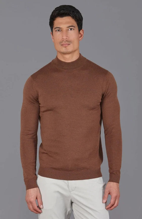 Mens Extra Fine Merino Wool Mock Turtleneck Jumper Oak Brown