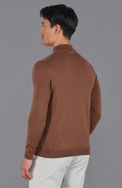 Mens Extra Fine Merino Wool Mock Turtleneck Jumper Oak Brown