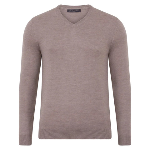 Mens Extra Fine Merino Wool V-Neck Jumper Hessian