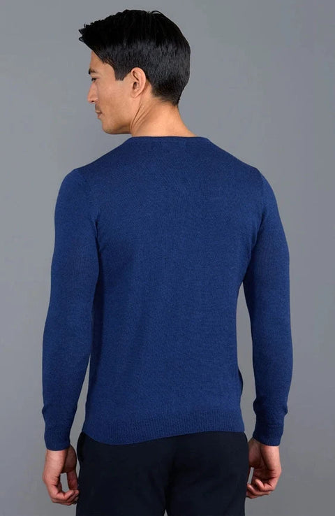 Mens Extra Fine Merino Wool V-Neck Jumper Indigo
