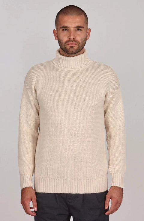 Mens Heavyweight Cotton Submariner Roll Neck Jumper Ecru