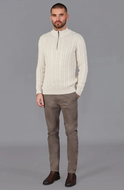 Mens Midweight Cotton Cable Zip Neck Jumper Ecru
