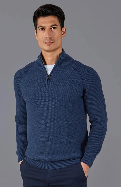 Mens Midweight Cotton Zip Neck Jumper Blue Melange