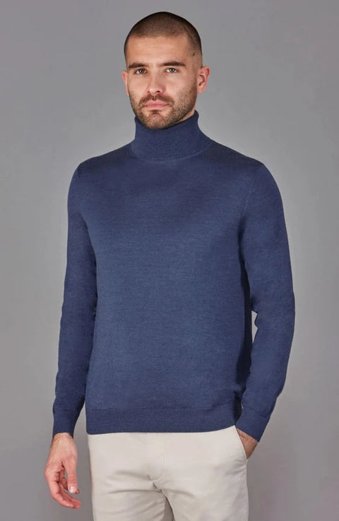 Mens Superfine Merino Silk Roll Neck Jumper Slate Blue