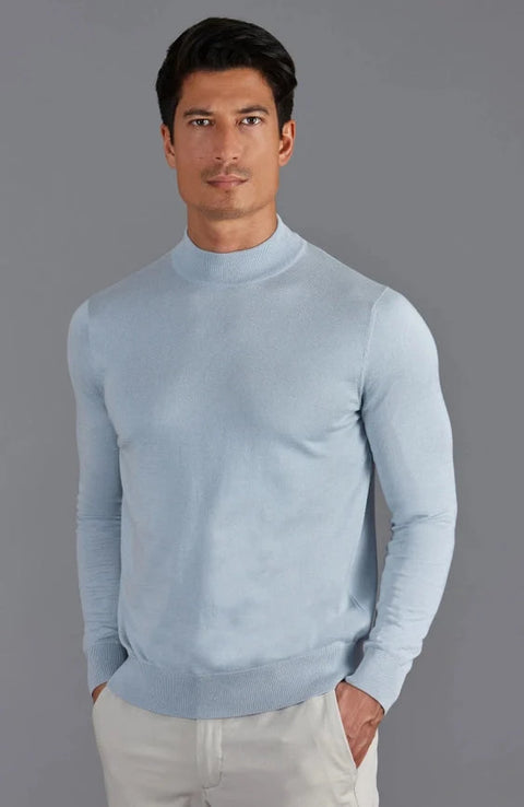 Mens Ultra Fine Cotton Mock Turtle Neck Jumper Chalk Blue