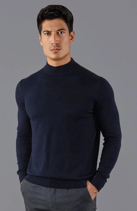 Mens Ultra Fine Cotton Mock Turtle Neck Jumper Navy