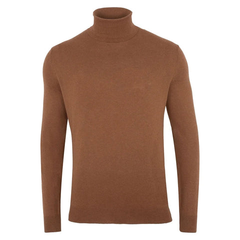 Mens Ultra Fine Cotton Roll Neck Jumper Camel