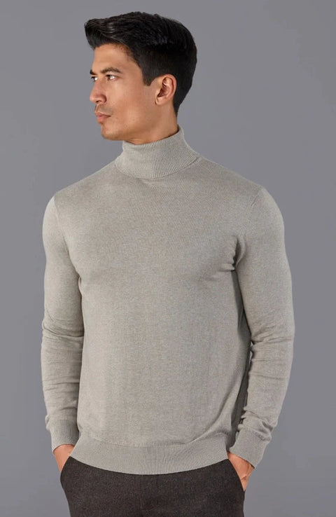 Mens Ultra Fine Cotton Roll Neck Jumper Fawn