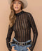 Metallic Star Stripe Mesh Mock Neck Top Black
