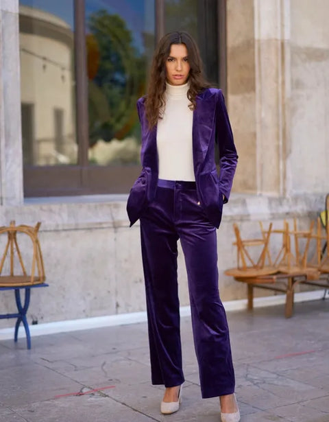 One Button Plain Velvet Fitted Jacket - Violet