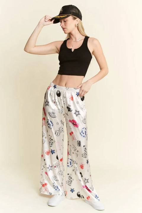 Party Collage Satin Pants Cream