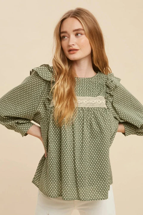 Pintuck Smock Long Sleeve Blouse FOREST GREEN