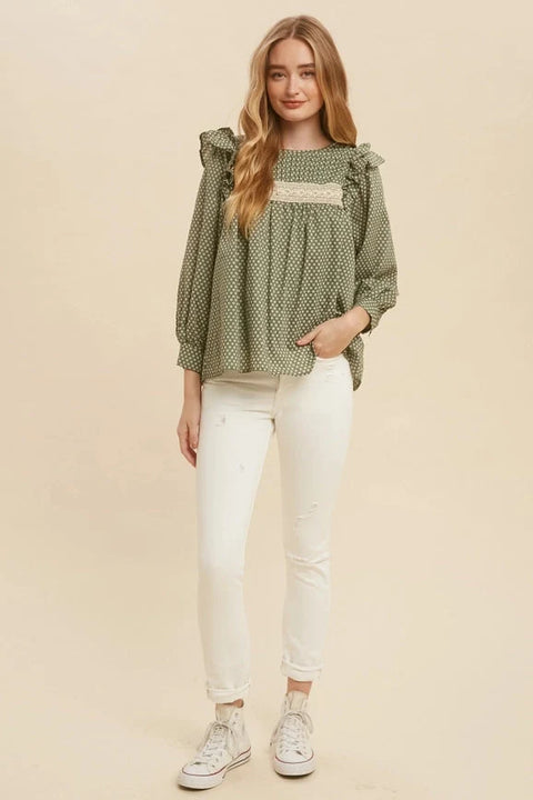 Pintuck Smock Long Sleeve Blouse FOREST GREEN