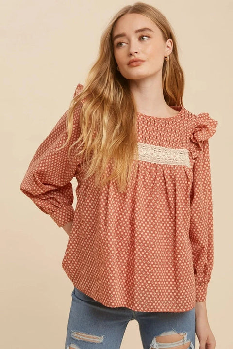 Pintuck Smock Long Sleeve Blouse RUST
