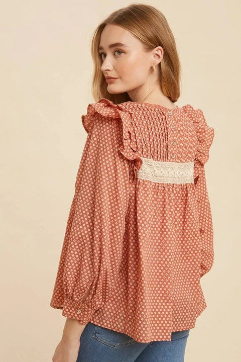 Pintuck Smock Long Sleeve Blouse RUST