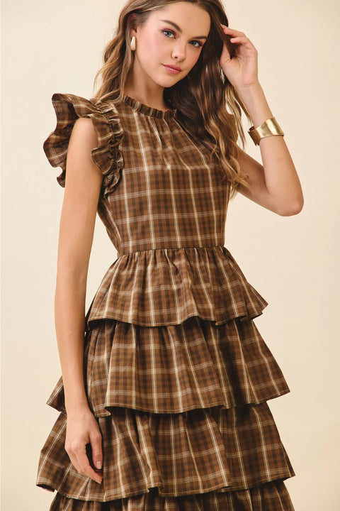 Plaid Ruffled Cap Sleeve Midi Dress with Round Neck