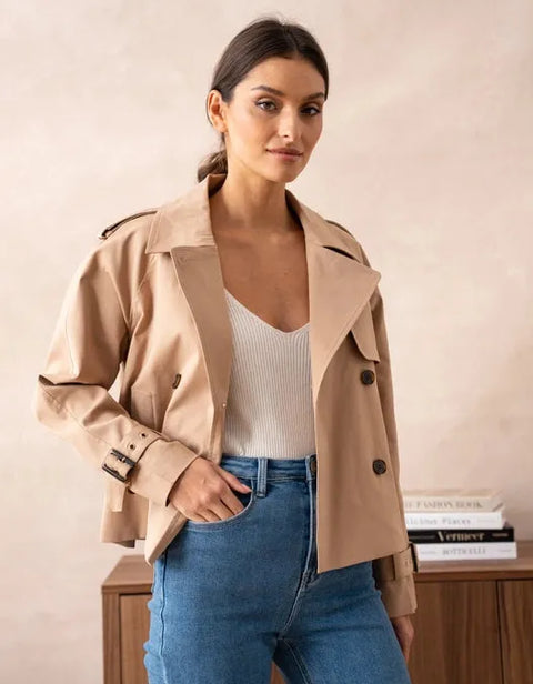 Plain Cropped Cotton Trench Coat Beige