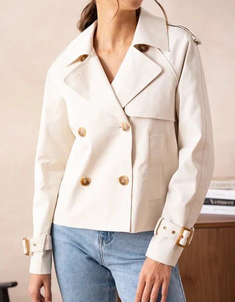 Plain Cropped Cotton Trench Coat White