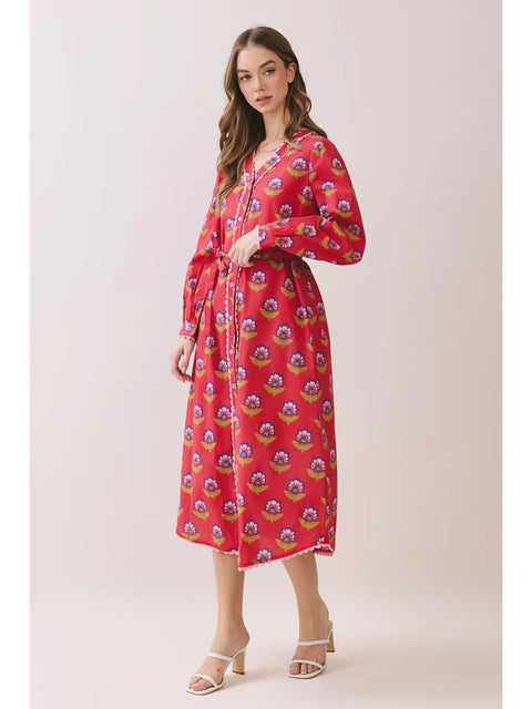 Printed Long Sleeve Button-Down Midi Dress for Women