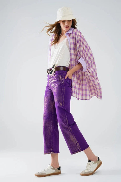 Purple Wide Leg Jeans with Metallic Finish in Gold
