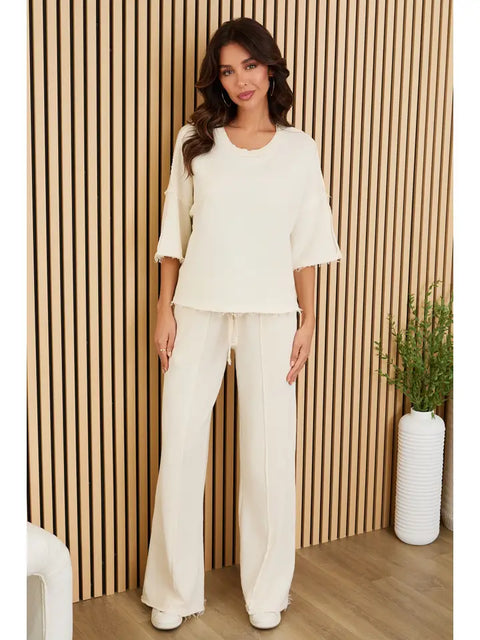 Raw Edge Elastic Waist Pants with Drawcord - Cream