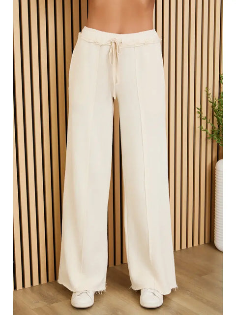 Raw Edge Elastic Waist Pants with Drawcord - Cream