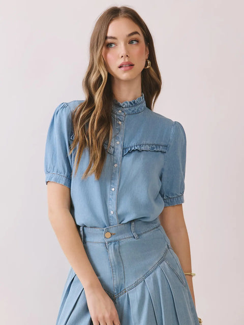 Ruffled Yoke Short Sleeve Button Down Denim Top