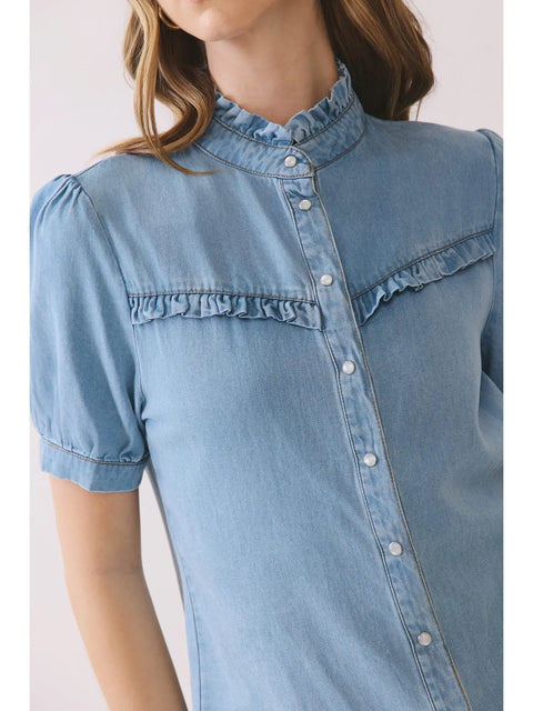 Ruffled Yoke Short Sleeve Button Down Denim Top
