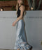 Satin Lace Trim Midi Skirt - Light Blue