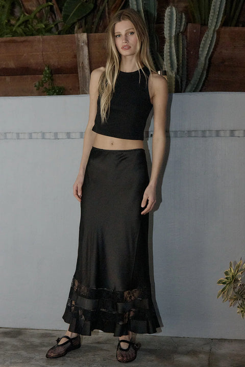 Satin Lace Trim Midi Skirt - Black