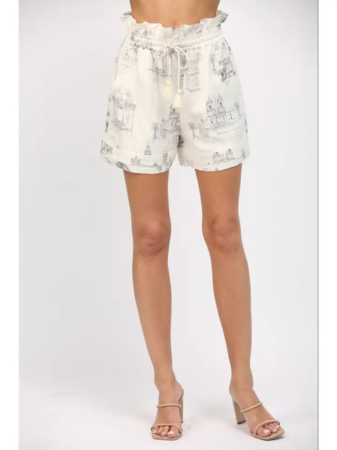 Scenic Print Linen Blend Drawstring Waist Shorts