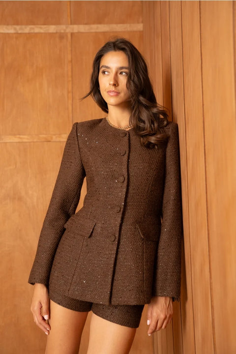 Sequined Tweed Jacket with A Round Neckline Made of Wool