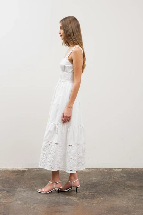 Eyelet Detail Sleeveless Midi Dress White