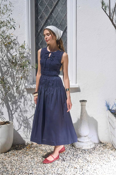 Smocked Waist Sleeveless Midi Dress Navy Shirred Detail