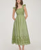 Smocked Midi Dress with Ruffle Sleeves and Eyelet Hem in Light Kiwi