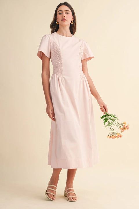 Smocked Midi Dress with Side Detail in Pale Pink