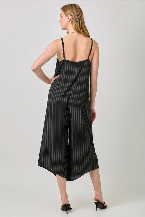Stripe Sleeveless V-Neck Jumpsuit - Black