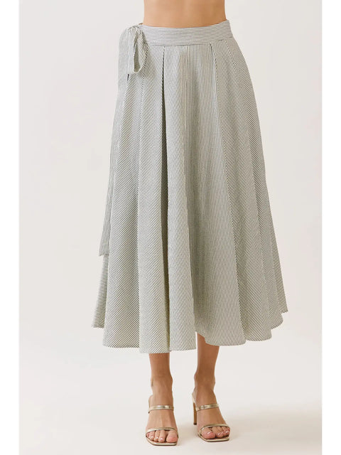 Striped Tie Waist Panelled Midi Skirt - Black