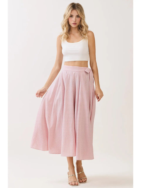 Striped Tie Waist Panelled Midi Skirt - Black