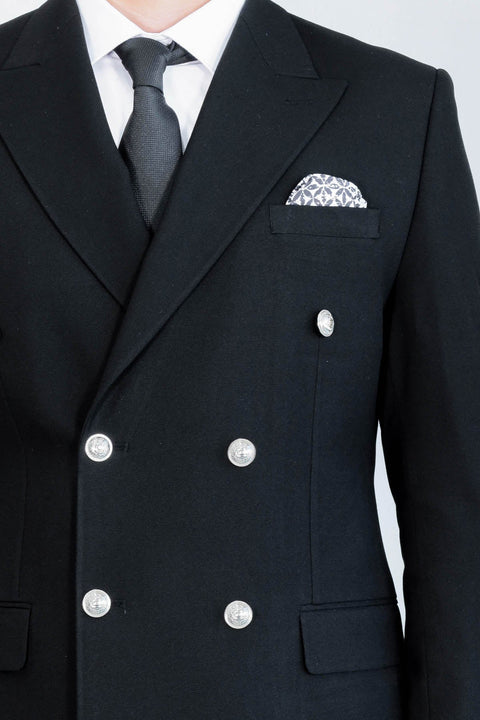 Modern Fit Double-Breasted Black Men’s Suit with Silver-Tone Metal Buttons – Wessi