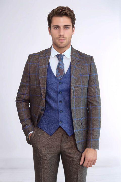 Brown Blue Checked Suit | Wessi