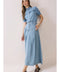V Shaped Yoke Pleated Detail Denim Midi Skirt