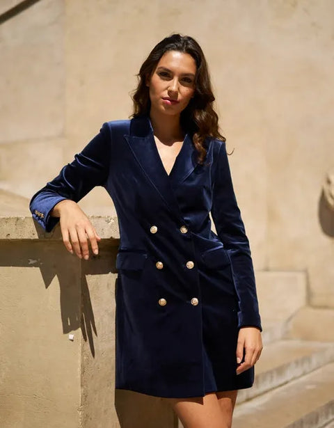 Fitted Double-Breasted Velvet Blazer Dress - Navy