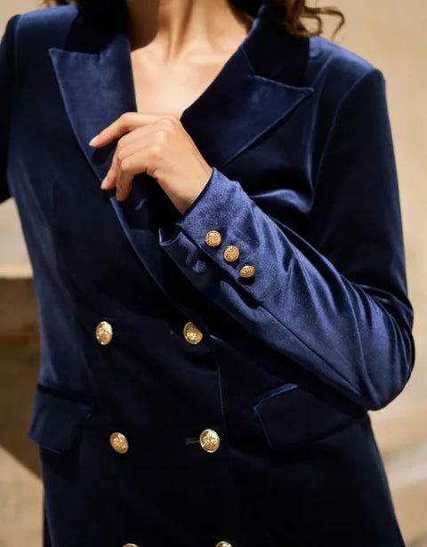 Fitted Double-Breasted Velvet Blazer Dress - Navy