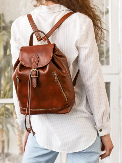 Womens Tan Leather Backpack - White Noise Cognac