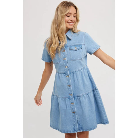Tiered Denim Shirt Dress in Light Wash for Women