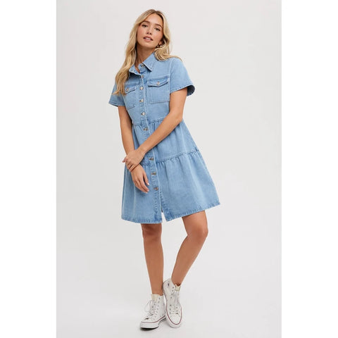 Tiered Denim Shirt Dress in Light Wash for Women